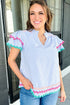 Stripe Ricrac Trim Split Neck Striped Ruffled Sleeve Blouse
